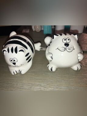 White Ceramic Cat Salt and Pepper Shakers - Black Details